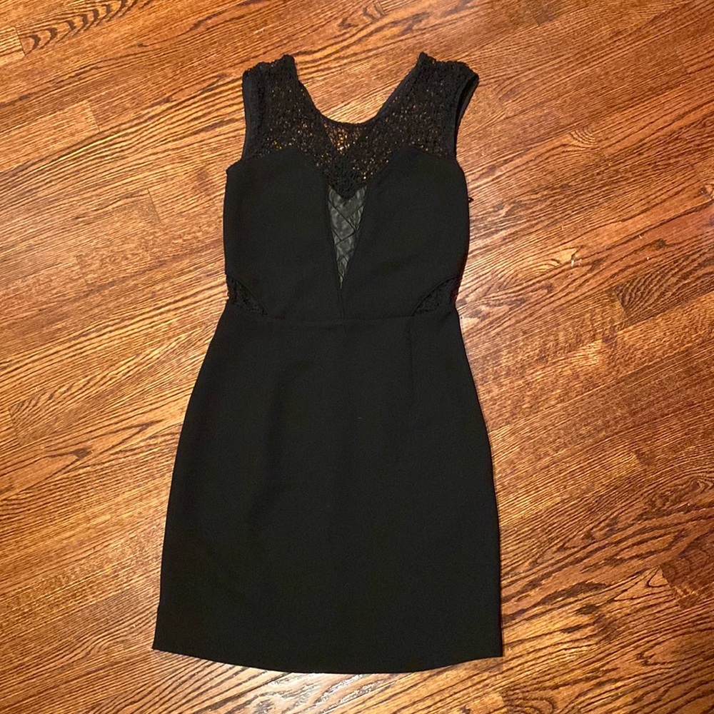 The Kooples Lace Cutout Black Leather Detail Mini Cocktail Dress
